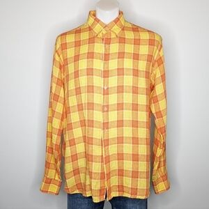 Ingram yellow orange plaid striped long sleeve 100% linen button up shirt XL